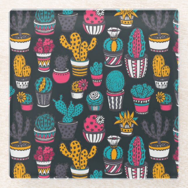 Hand Drawn Cactus in Sketch Style Pattern Glass Coaster (Front)