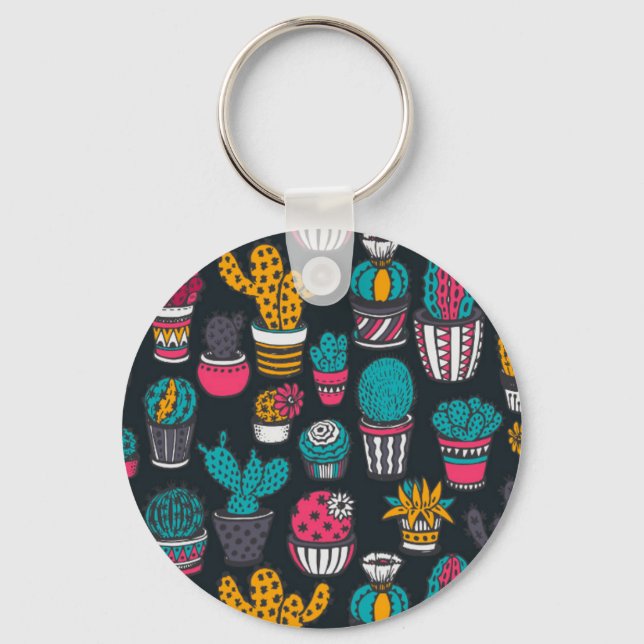 Hand Drawn Cactus in Sketch Style Pattern Key Ring (Front)
