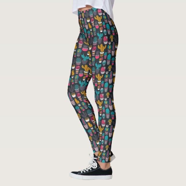 Hand Drawn Cactus in Sketch Style Pattern Leggings (Left)