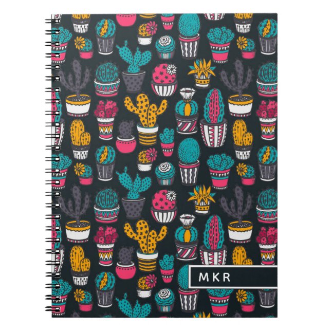 Hand Drawn Cactus in Sketch Style Pattern Spiral Notebook (Front)