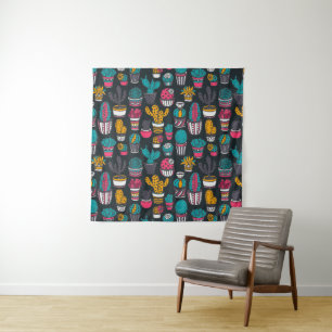Hand Drawn Cactus in Sketch Style Pattern Tapestry