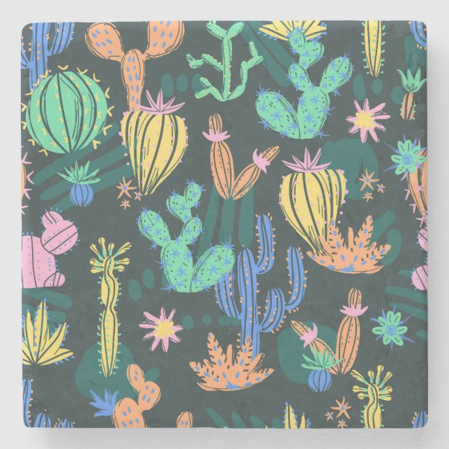 Hand-drawn cactus: Scandinavian seamless. Stone Coaster (Front)