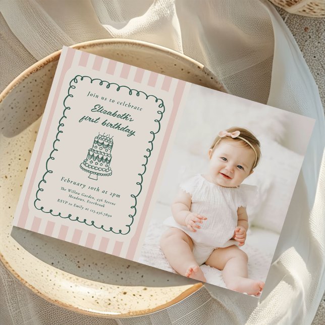 Hand Drawn Cake Quirky Unique 1st Birthday Photo Invitation (Creator Uploaded)