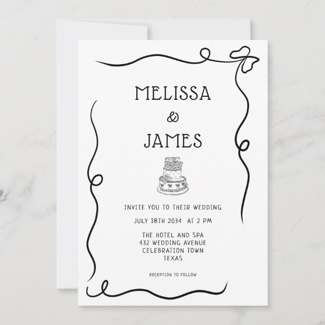 Hand Drawn Cake Whimsical Wedding Invitation (Front)
