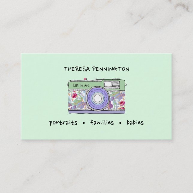 Hand Drawn Camera Floral Lavender Mint Green Photo Business Card (Front)