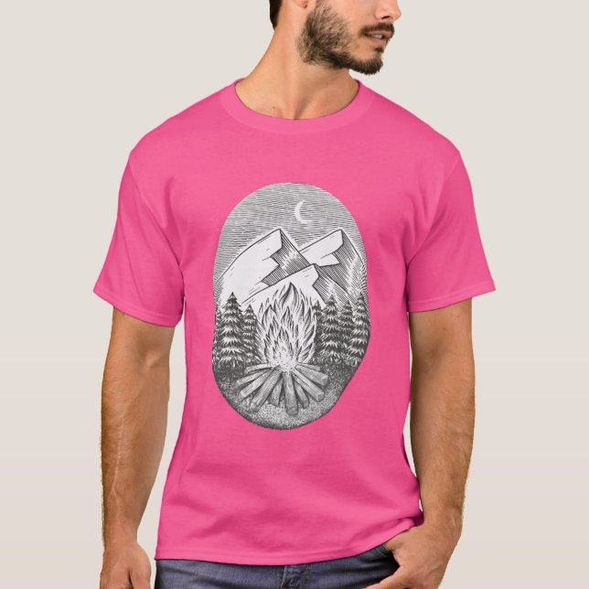 Hand drawn camping bonfire with mountan funny T-Shirt (Front)