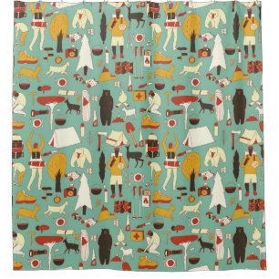 Hand-drawn camping, retro seamless pattern. shower curtain