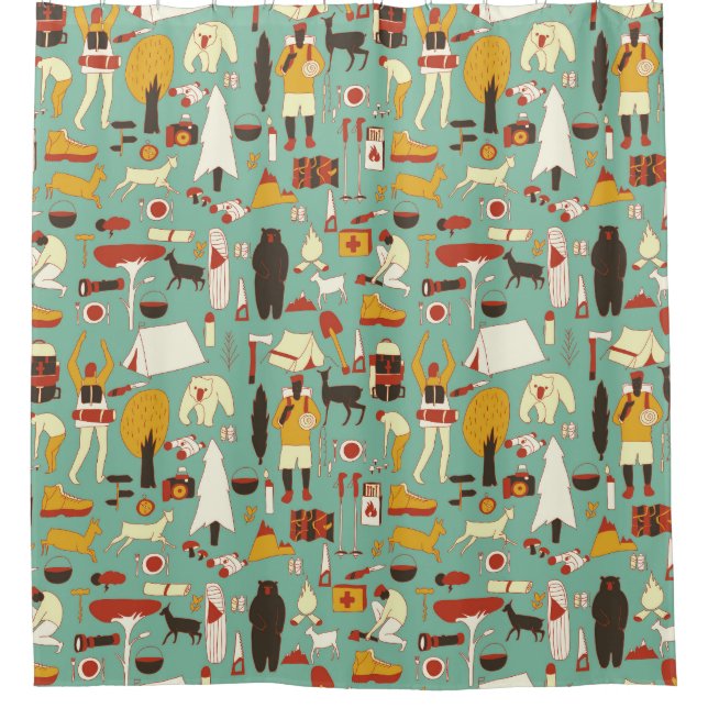 Hand-drawn camping, retro seamless pattern. shower curtain (Front)