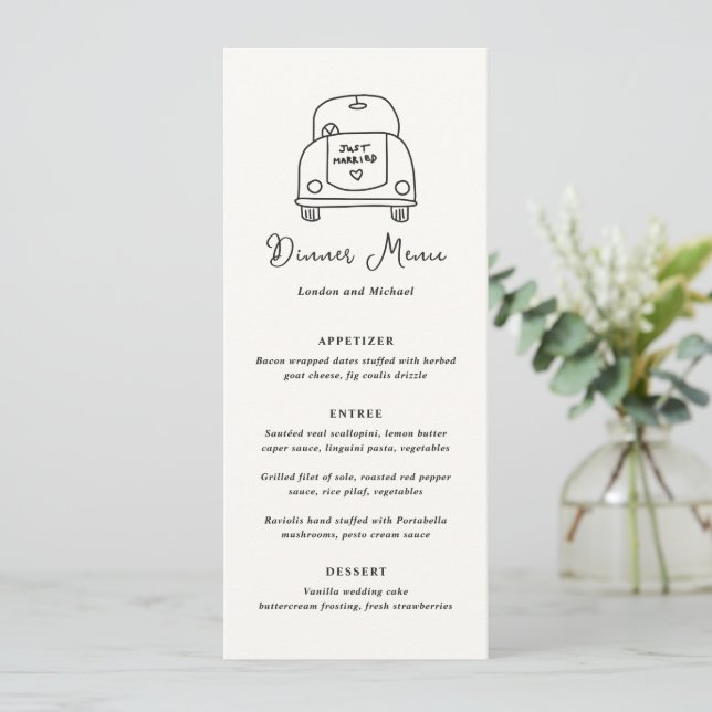 Hand Drawn Car Doodle Modern Wedding Menu (Standing Front)
