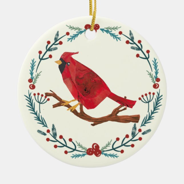 Hand-Drawn Cardinal Elegant Personalised  Ceramic Tree Decoration (Front)