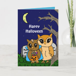 Hand Drawn Cartoon Owls Halloween Greetings Holiday Card