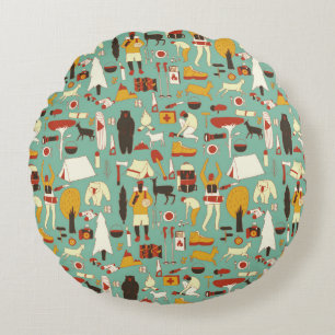 hand drawn cartoon seamless camping pattern. Picni Round Cushion