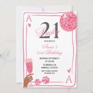 Hand Drawn Casino Pink Lucky 21 birthday Invitation