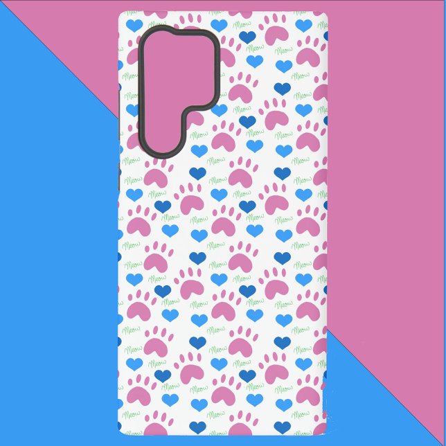 Hand Drawn Cat Paws Hearts Meows Pink Blue Green Samsung Galaxy S22 Ultra Case (A phone case with a pattern of cat paws, hearts and meows in pink, blue and green.)