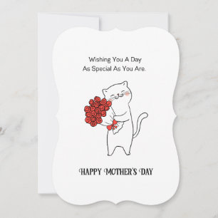 Hand drawn Cat Red Roses Flowers Mother's Day 