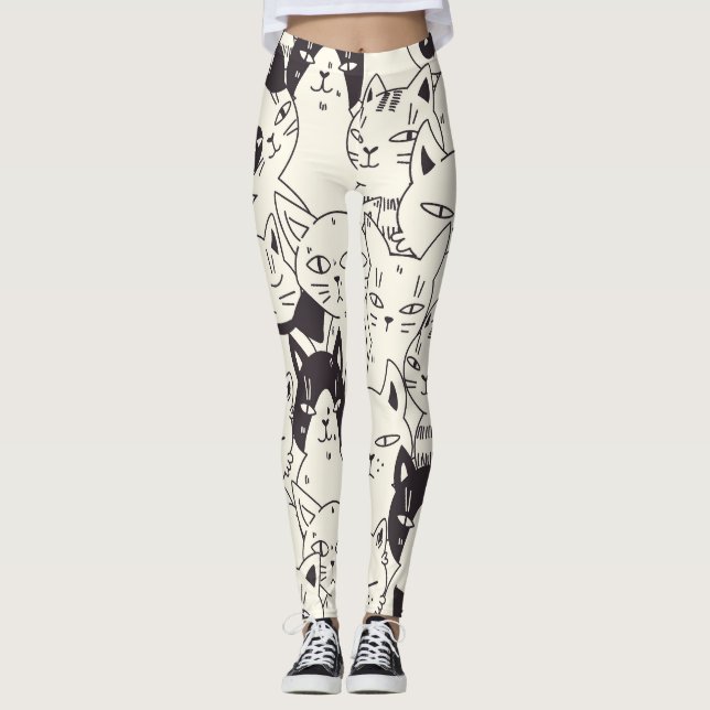 Hand-drawn cats doodle seamless pattern. leggings (Front)