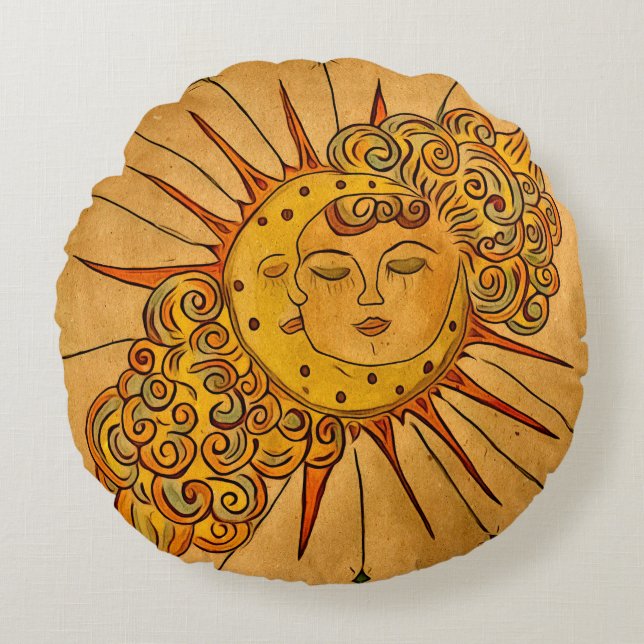 Hand drawn celastial sun & moon  round cushion (Front)