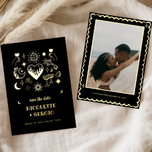 Hand Drawn Celestial Wedding Save the Date in Gold