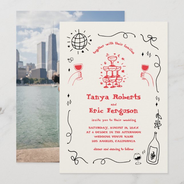 Hand Drawn Champagne Cocktail Whimsical Wedding Invitation (Front/Back)