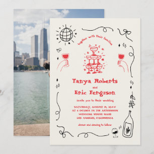 Hand Drawn Champagne Cocktail Whimsical Wedding Invitation