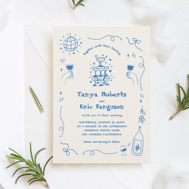 Hand Drawn Champagne Cocktail Whimsical Wedding Invitation (Creator Uploaded)