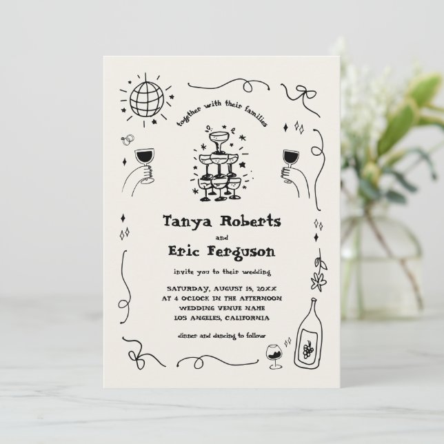 Hand Drawn Champagne Cocktail Whimsical Wedding Invitation (Standing Front)