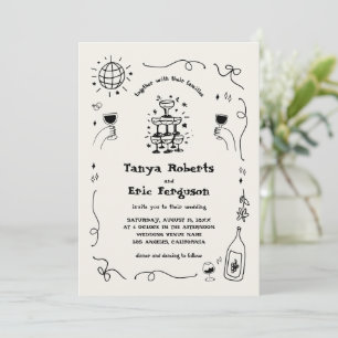 Hand Drawn Champagne Cocktail Whimsical Wedding Invitation