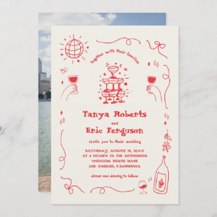 Hand Drawn Champagne Cocktail Whimsical Wedding Invitation