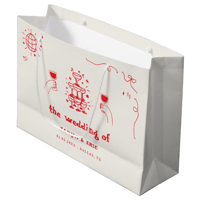 Hand Drawn Champagne French Disco Wedding Favour Large Gift Bag (Front Angled)