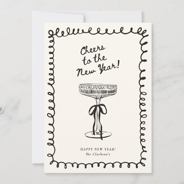  Hand Drawn Champagne Glass Bow New Year card (Front)