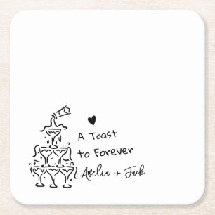 Hand Drawn Champagne Glass Tower Wedding Napkins Square Paper Coaster