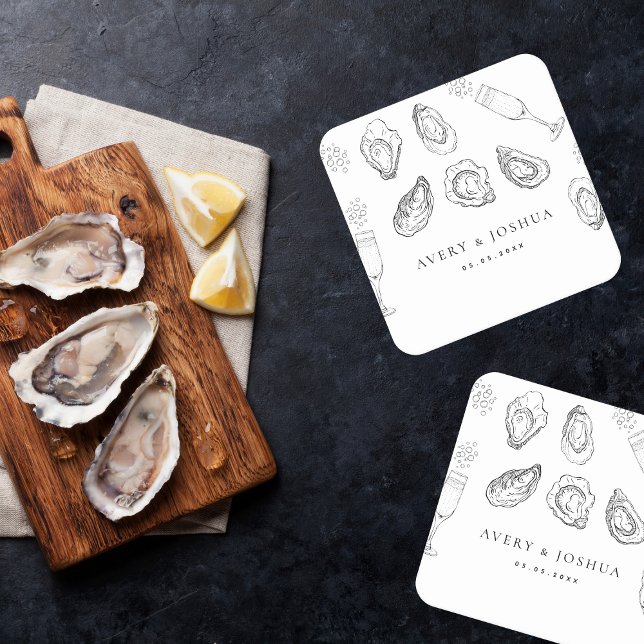 Hand Drawn Champagne & Oysters Roast Wedding Party Square Paper Coaster (Creator Uploaded)