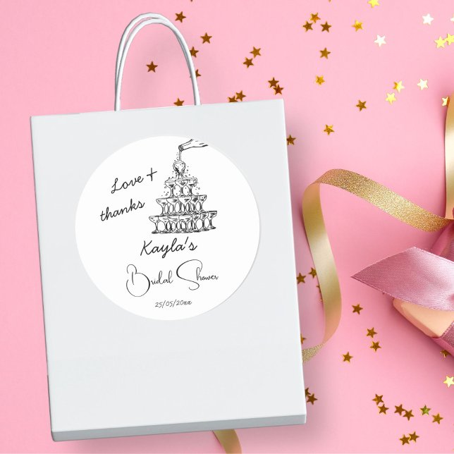 Hand drawn champagne tower bridal shower favour classic round sticker (Hand drawn scribble champagne tower black and white minimalist bridal shower thank you favor sticker)