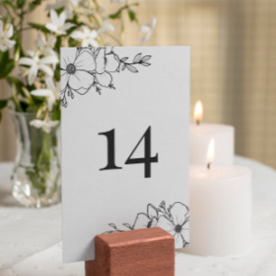 Hand Drawn Charcoal & White Flowers Table Number