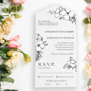 Hand Drawn Charcoal & White Flowers Wedding  All In One Invitation