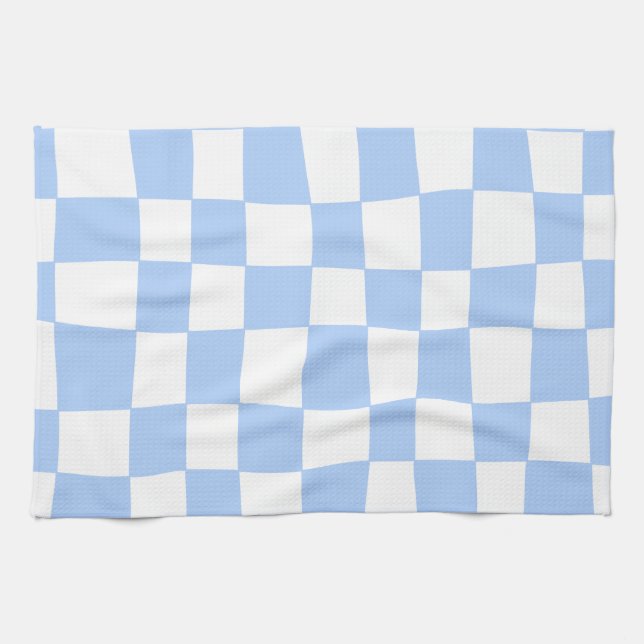 Hand Drawn Checkerboard Pattern (sky blue/white) Tea Towel (Horizontal)