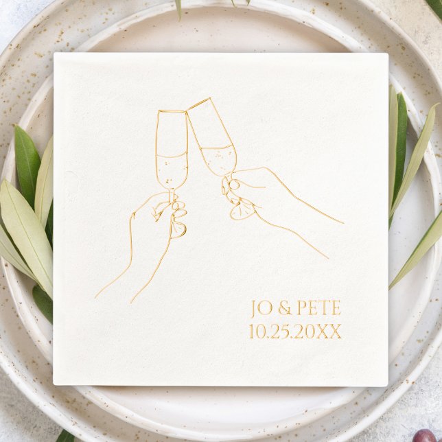 Hand drawn "Cheers" Champagne Personalised Party Foil Napkins ("cheers" line art champagne custom personalized name and wedding date gold foil cocktail napkins)