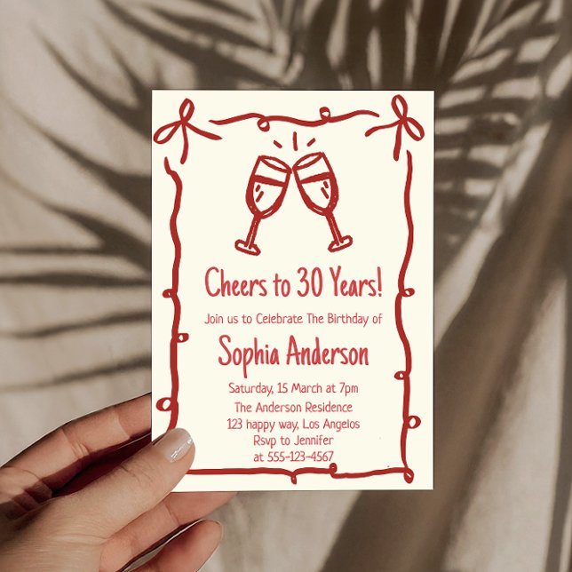 Hand Drawn “Cheers to 30 Years” Birthday           Invitation (Creator Uploaded)