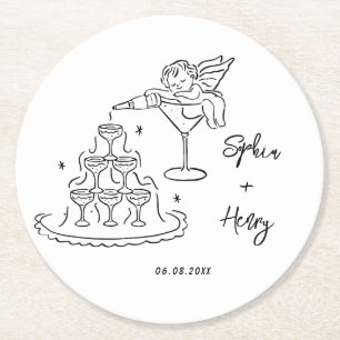 Hand drawn cherub funky Whimsical  Wedding  Round Paper Coaster