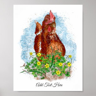 Hand drawn Chicken Art Cute Chicken in Flowers Poster