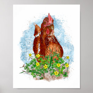 Hand drawn Chicken Art Cute Chicken in Flowers Poster