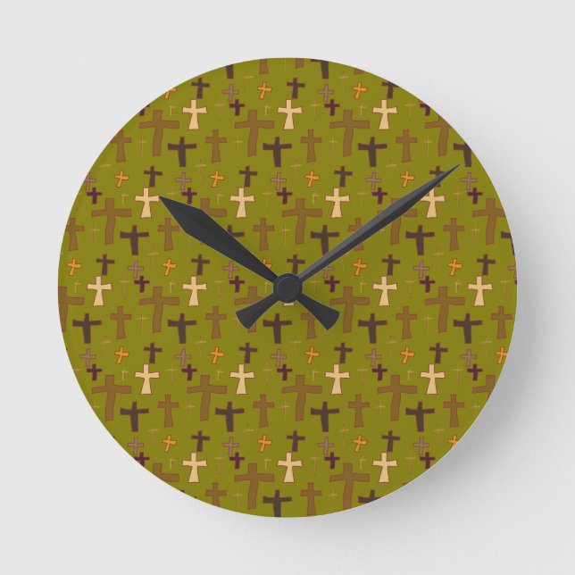 Hand drawn Christian Crosses on Green Round Clock (Front)