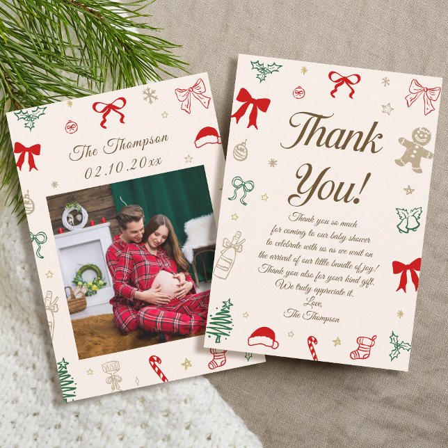 Hand Drawn Christmas Baby Shower Photo Thank You Card (Creator Uploaded)