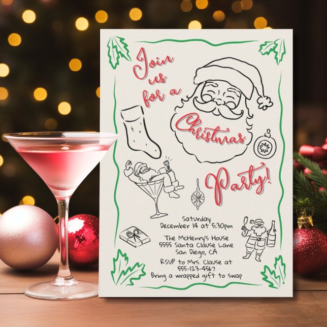 Hand drawn Christmas Cocktail Party Santa  Invitation (Creator Uploaded)
