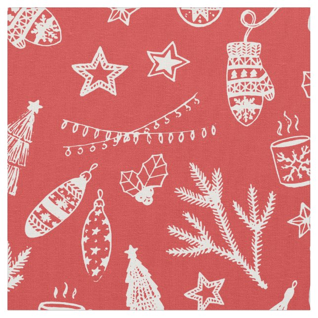 Hand Drawn Christmas Decorations Holiday Set Red Fabric (Close Up)