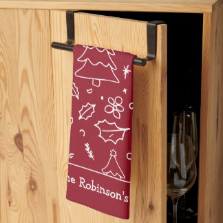 Hand Drawn Christmas Doodles Family Name  Tea Towel