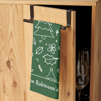 Hand Drawn Christmas Doodles Family Name  Tea Towel