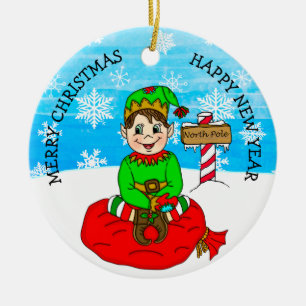 Hand drawn Christmas Elf Festive Personalised  Ceramic Tree Decoration
