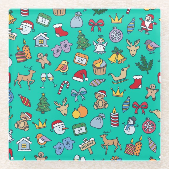 Hand Drawn Christmas: Festive Seamless. Glass Coaster (Front)