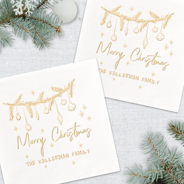 Hand Drawn Christmas Gold Foil Napkins (Hand Drawn Merry Christmas Foil Napkins)